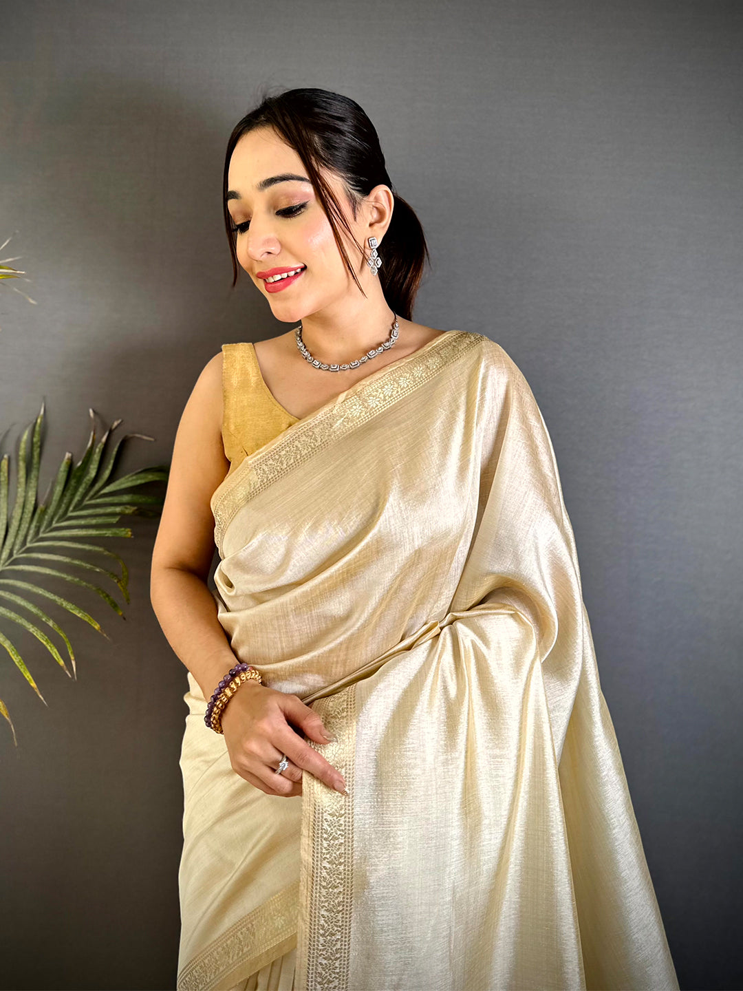 Classic Beige Saree With Gold Zari Border

