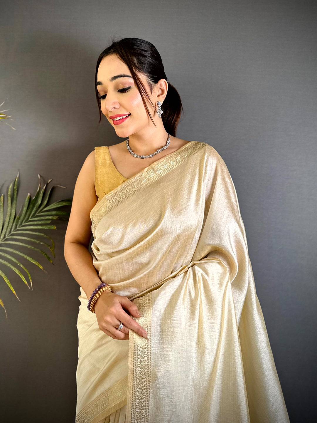 Classic Beige Saree With Gold Zari Border
