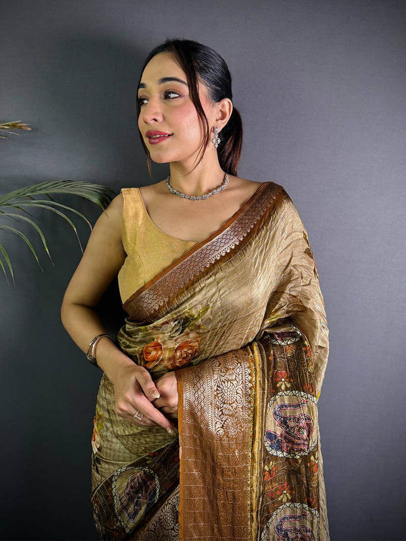 Beige Pure Viscose Digital Print Saree