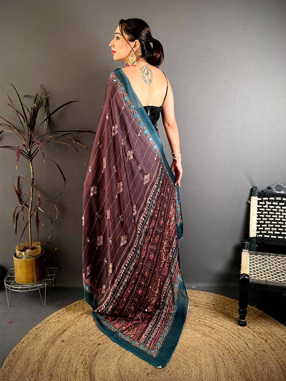 Coffee Brown Ajrakh Digital Printed Saree