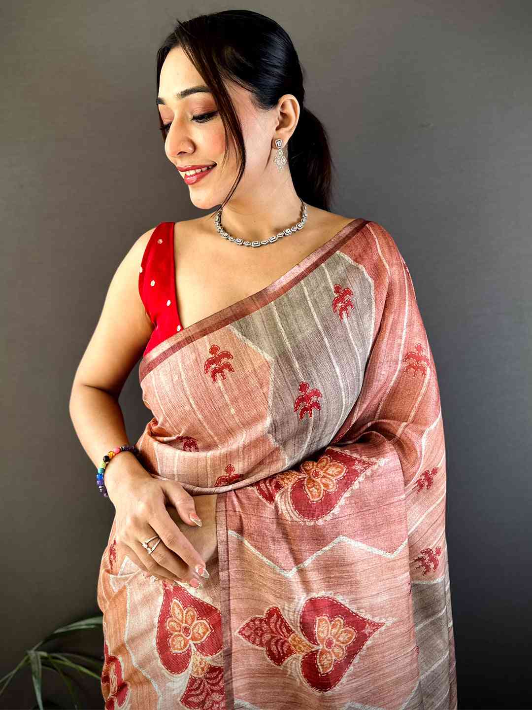 Rust Tissue Chanderi Geometric Floral Saree
