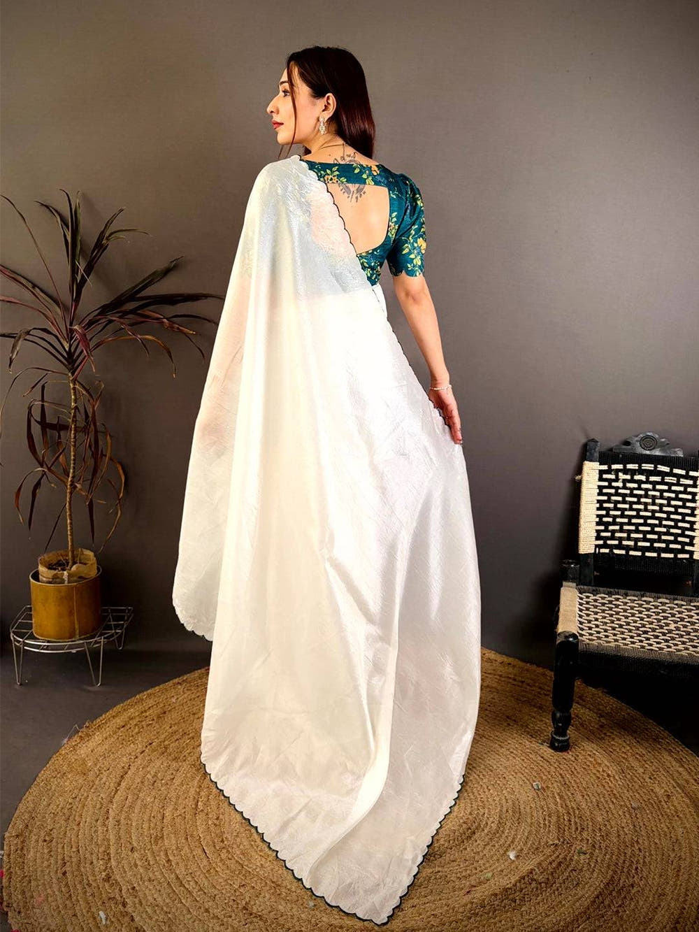 White Bariq Cutwork Crash Silk Saree