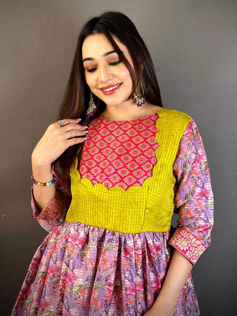 Lavender Floral Print Kota Doriya Dress with Scalloped Yoke