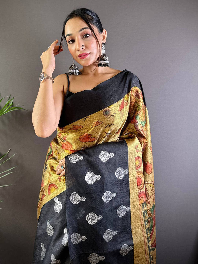 Mustard Yellow Kora Silk Kalamkari Print Saree

