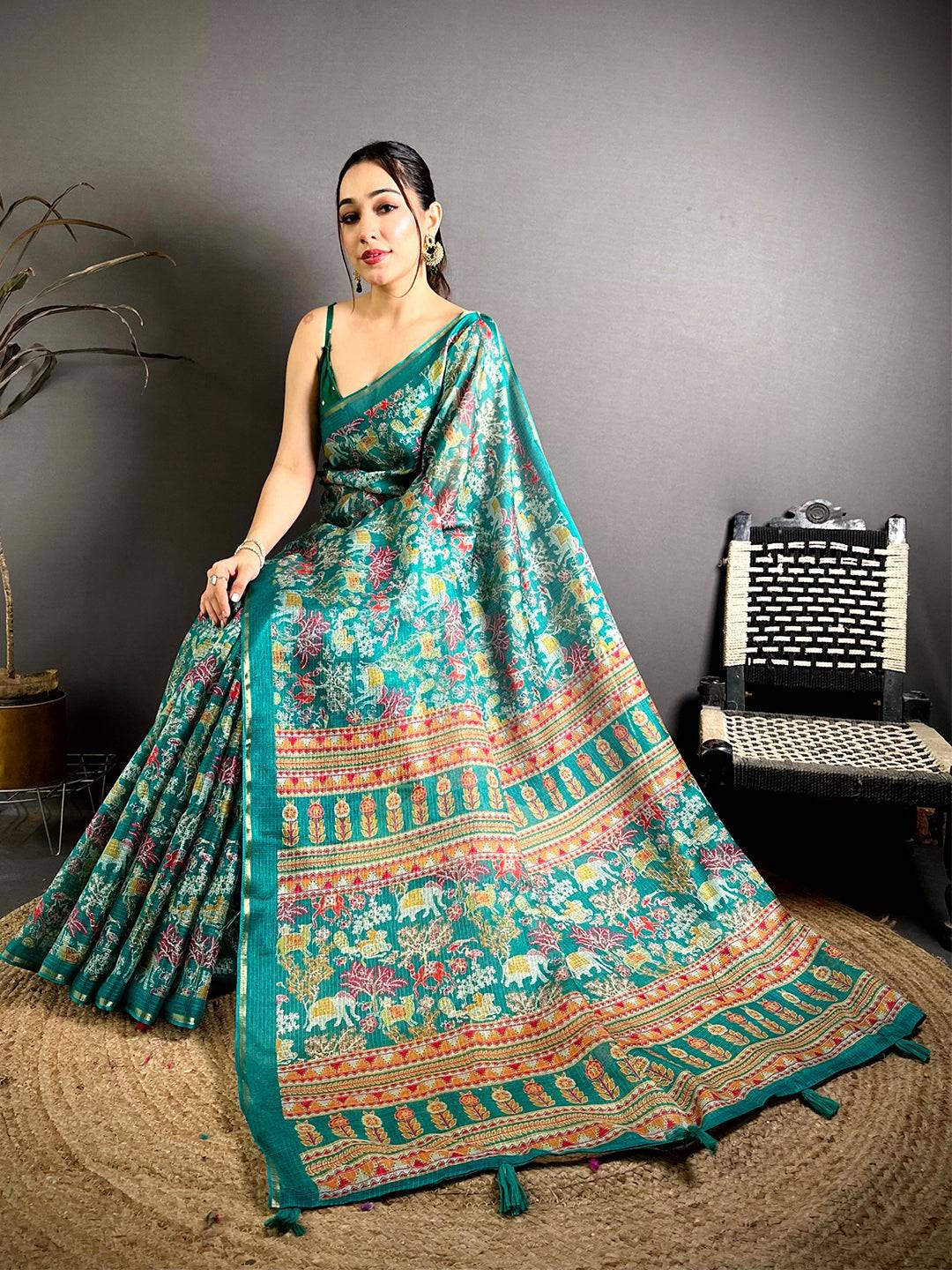 Teal Kota Doriya Kalamkari Print Saree