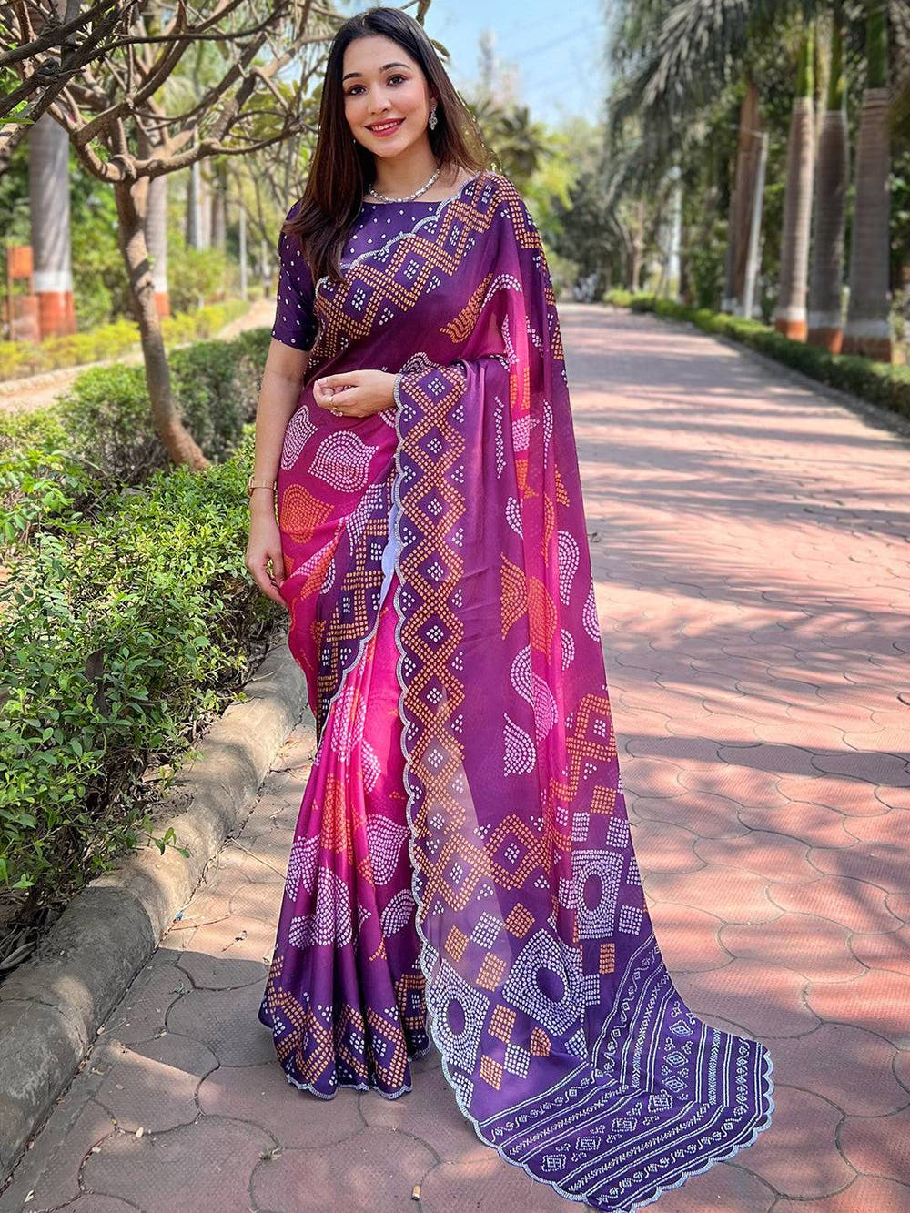 Georgette Silk Saree with Ombre Bandhej Print & Stone Work