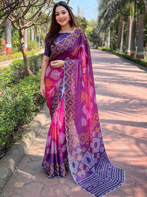 Georgette Silk Saree with Ombre Bandhej Print & Stone Work