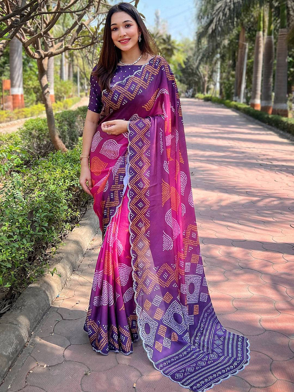 Georgette Silk Saree with Ombre Bandhej Print & Stone Work