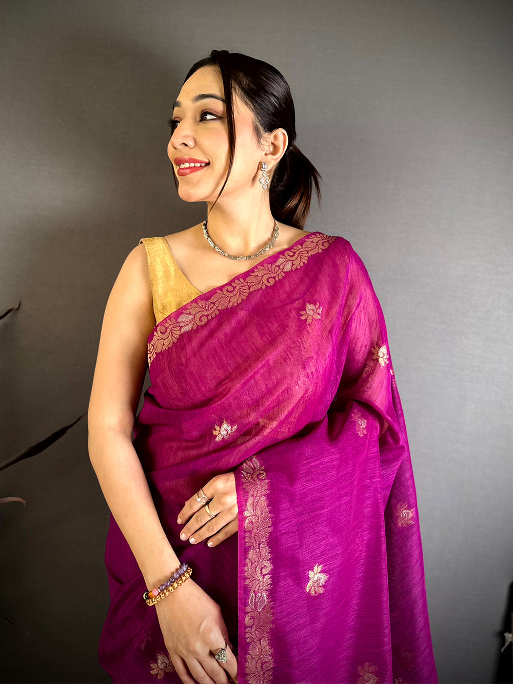 Wine Sona Chandi Muga Cotton Saree