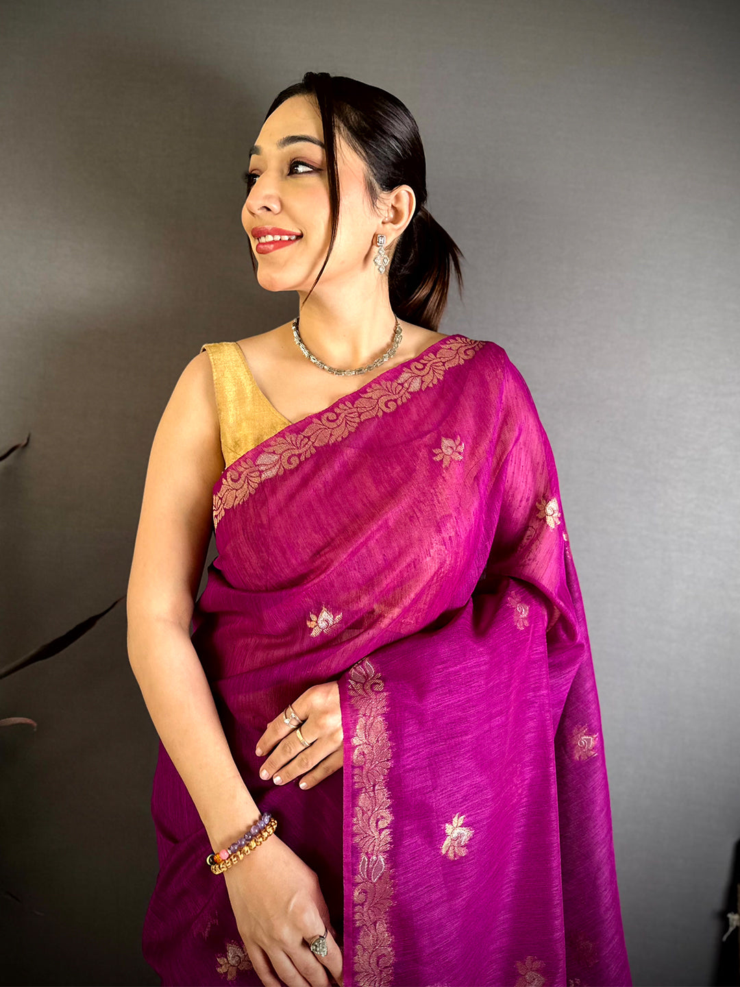 Wine Sona Chandi Muga Cotton Saree