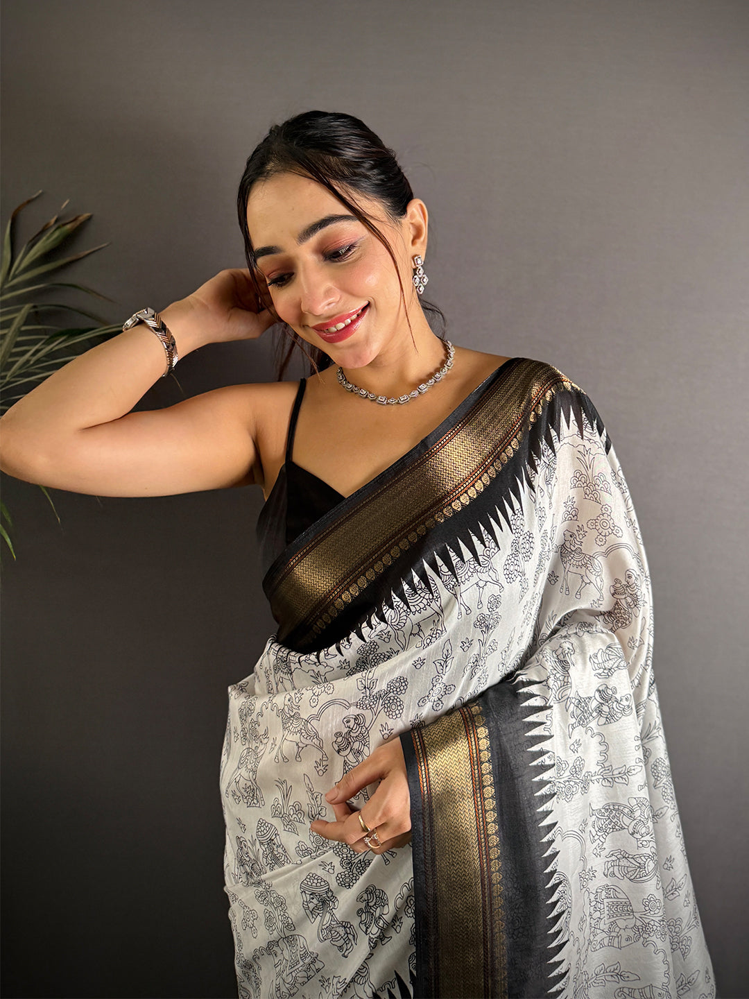 Black Pichwai Printed Dola Silk Saree