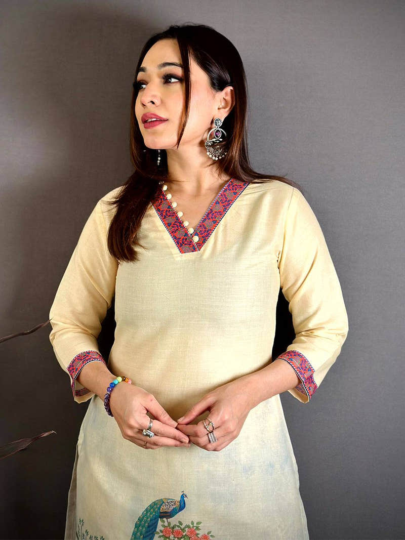 Cream Mul Cotton Mughal Butta Print Kurti with Floral Border