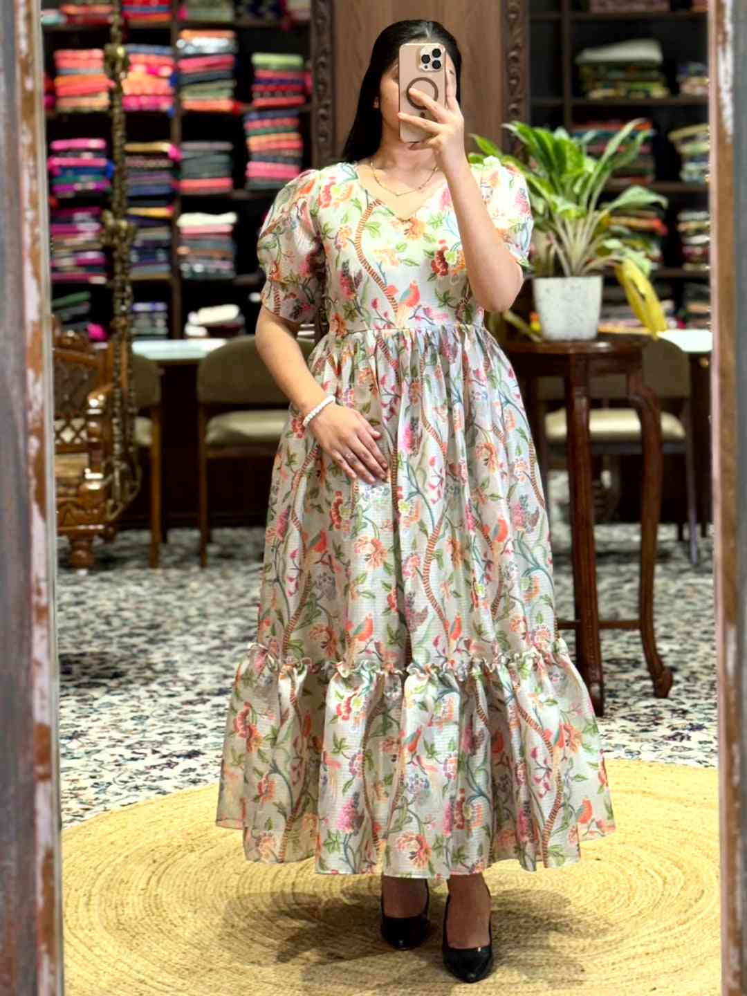Light Beige Floral Print Midi Dress