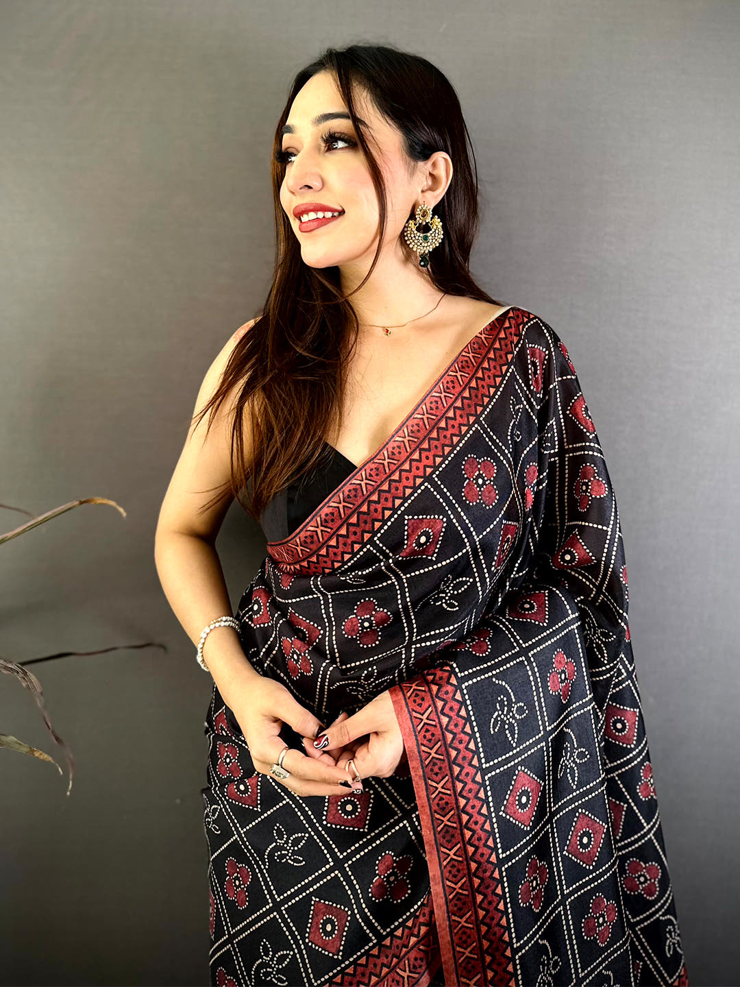 Elegant Tussar Ajrakh Geometric Floral Saree
