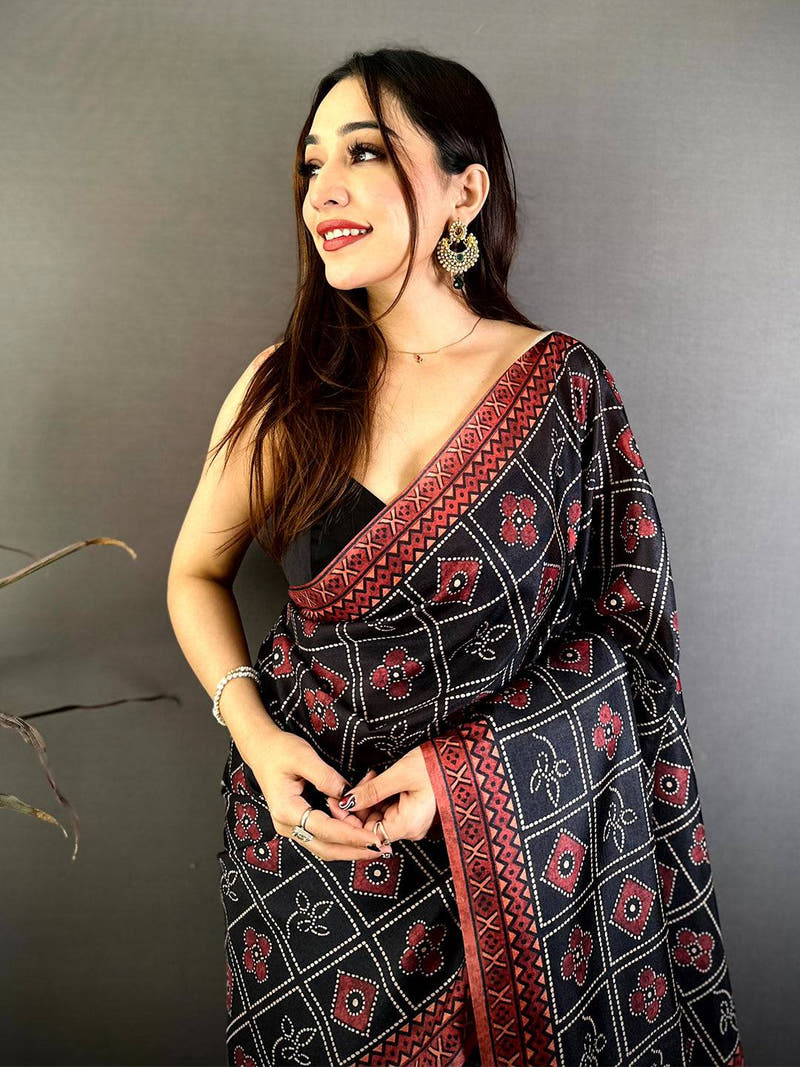 Elegant Tussar Ajrakh Geometric Floral Saree