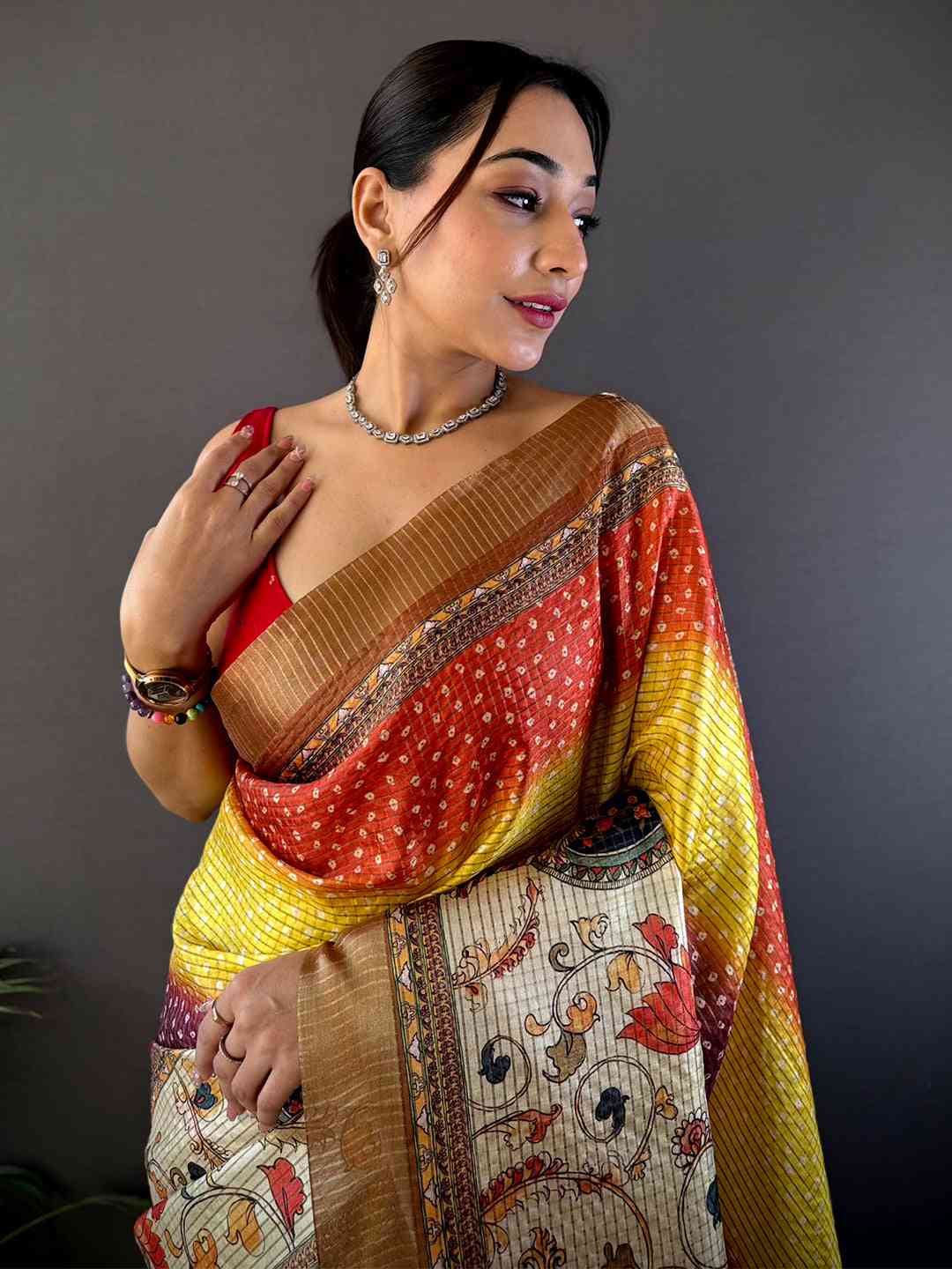 Traditional Silk Blend Bandhani Print Saree

