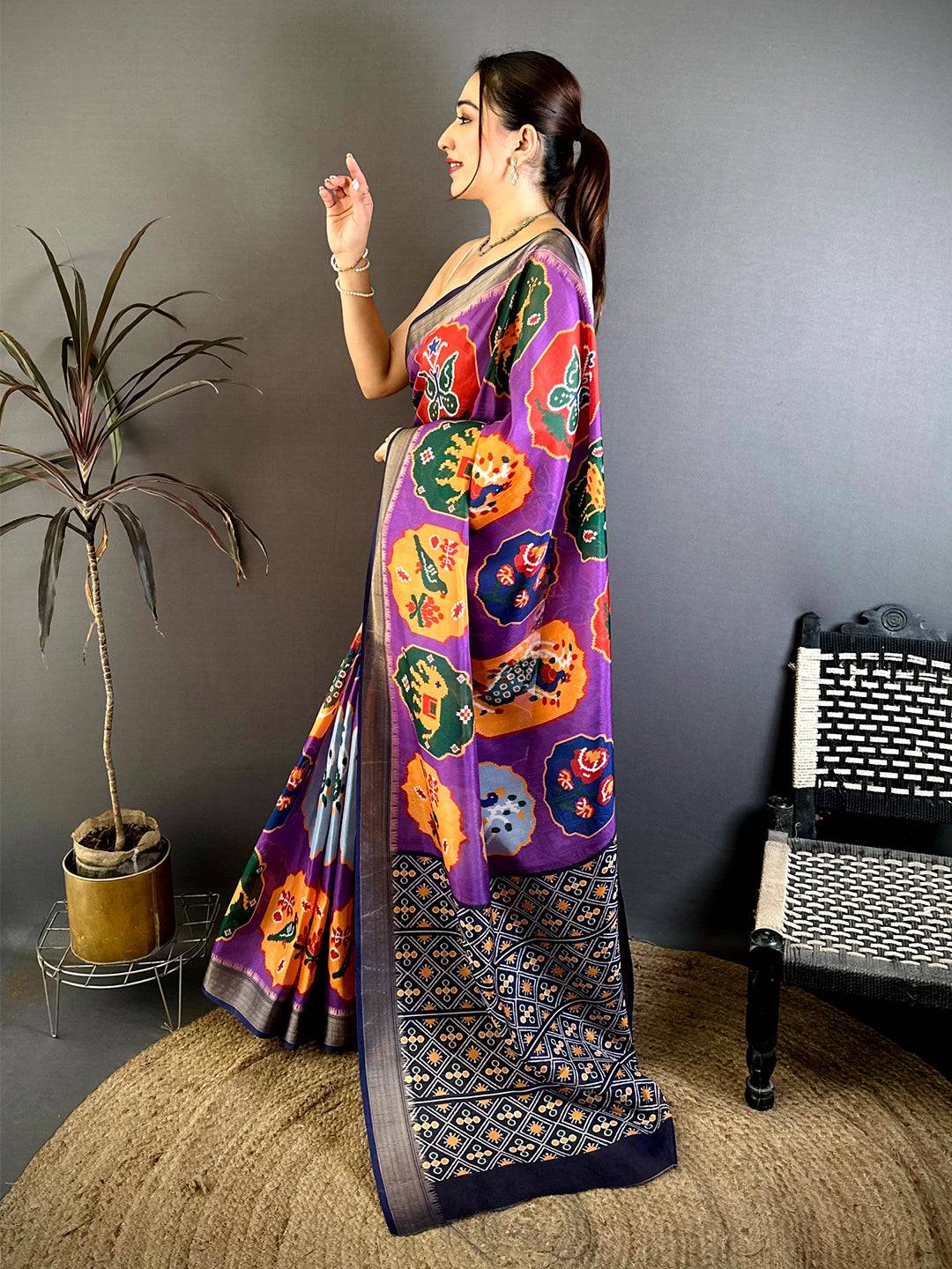 Purple Soft Dola Big Ikkat Minakari Print Saree