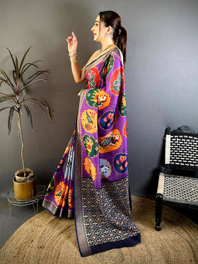 Purple Soft Dola Big Ikkat Minakari Print Saree