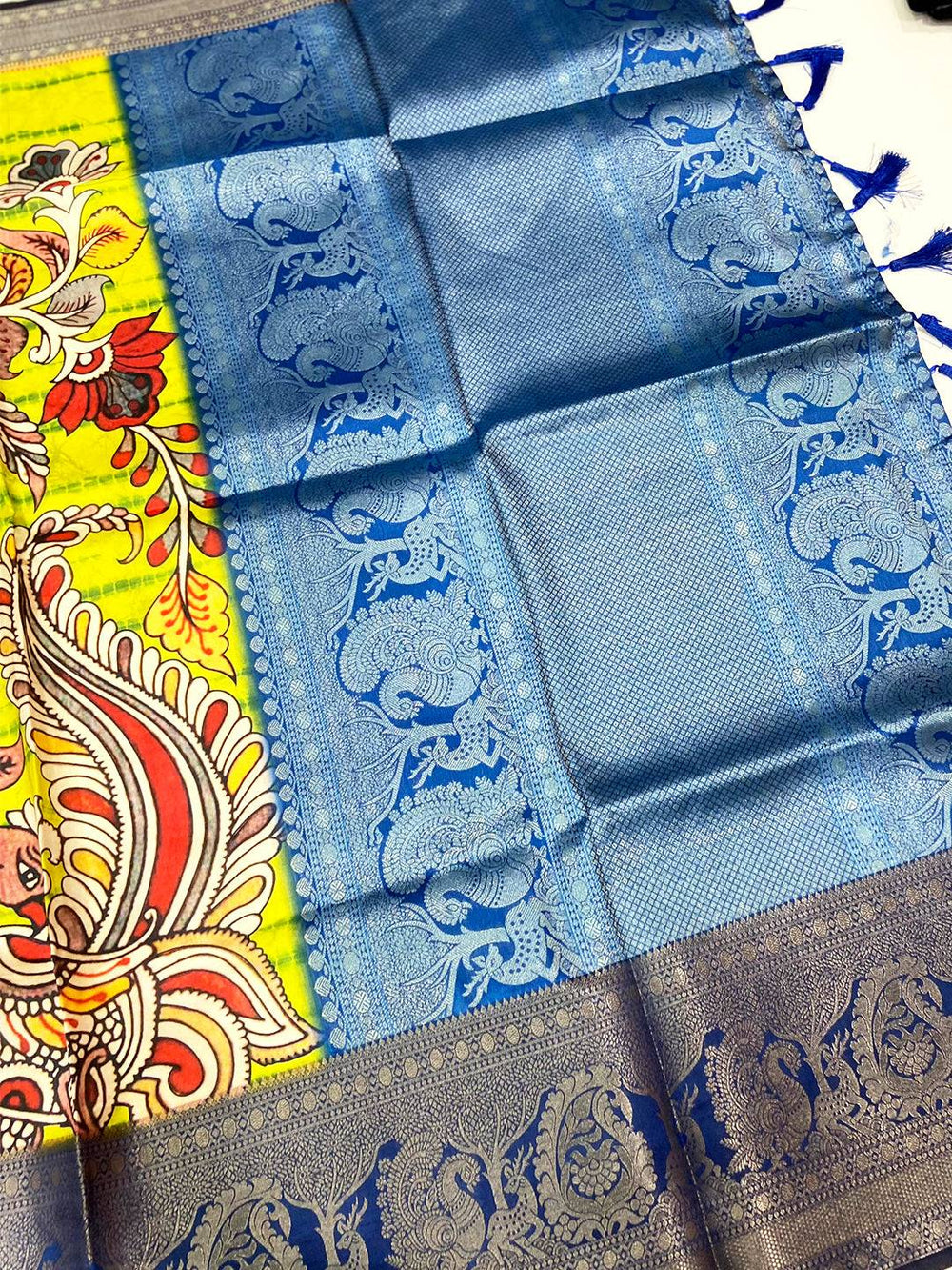 Lime Green Kalamkari Digital Prints Saree
