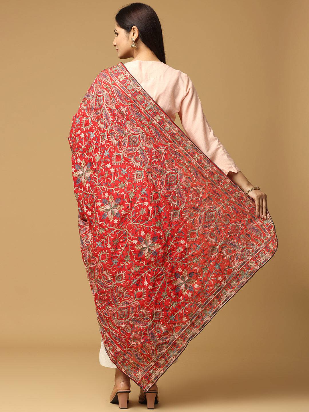 Back view of red poly chiffon pashmina dupatta with detailed embroidery