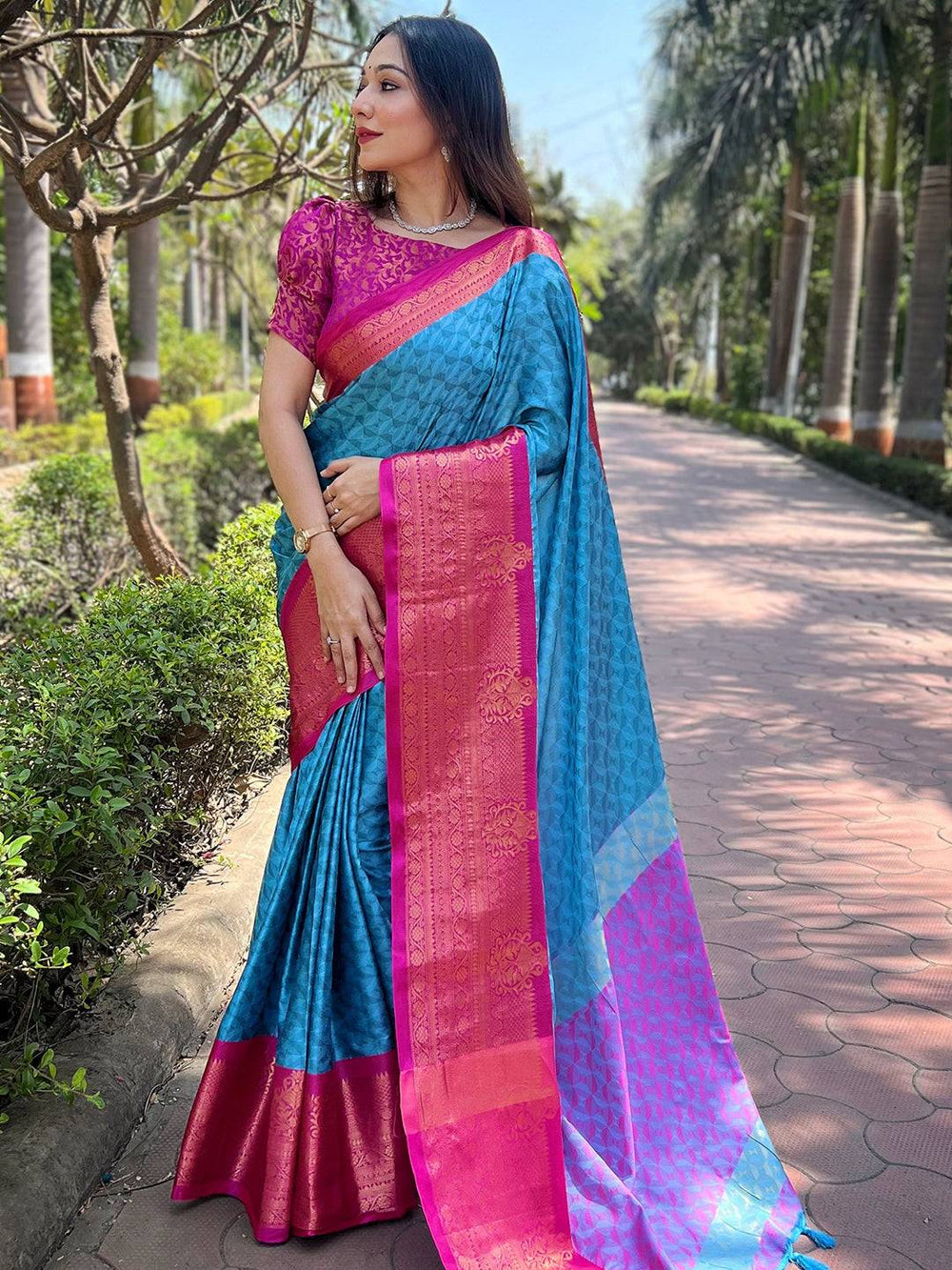 Full view of stylish Kanjivaram silk saree with zari blouse