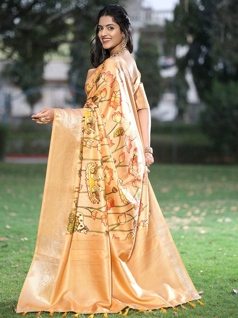 Peach Viscose Dola Silk Saree With Pichwai And Mughal Print