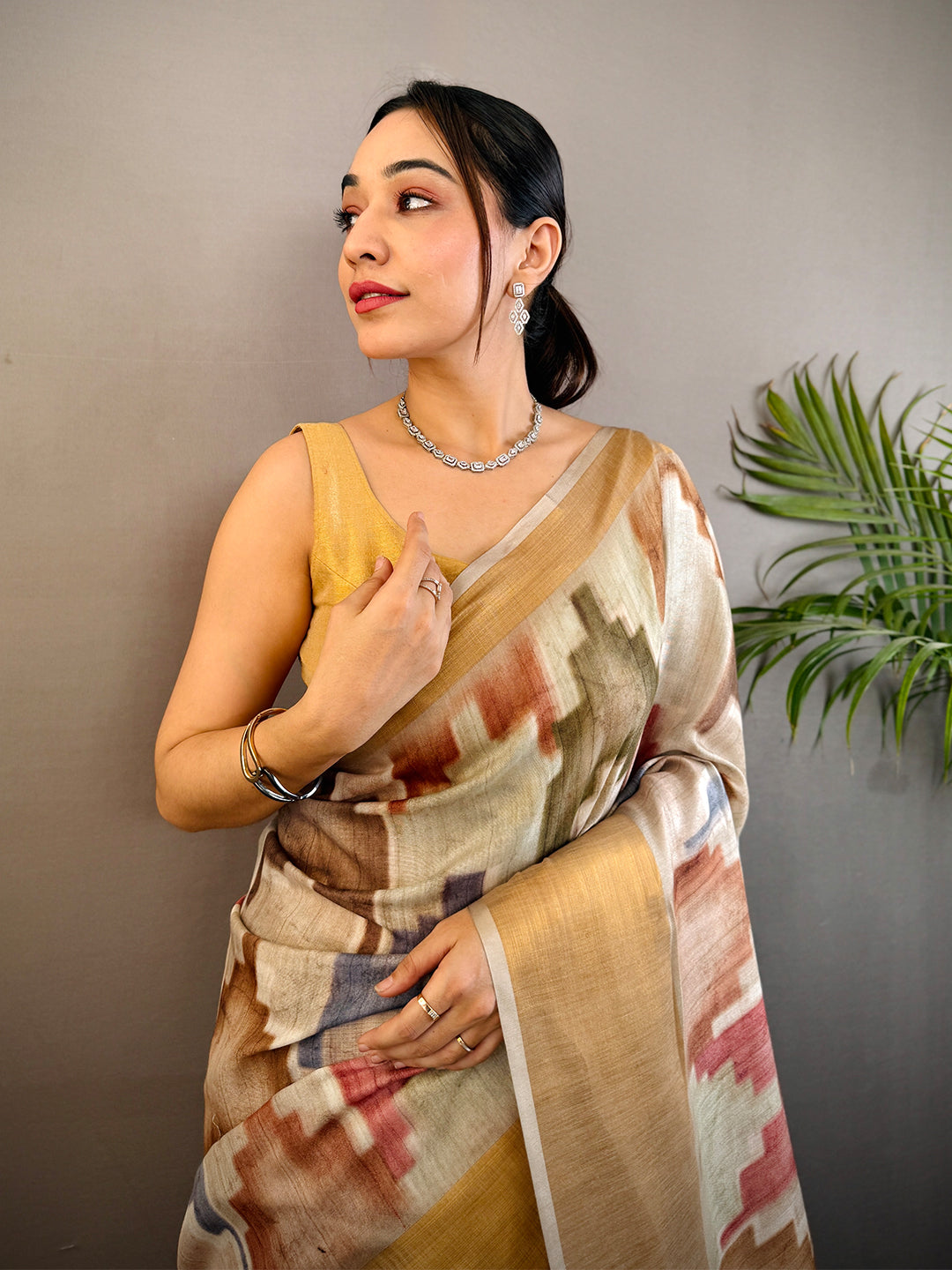 Ivory Geometric Kalamkari Linen Saree