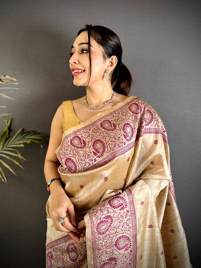Pink Floral Katha Ghicha Silk Saree


