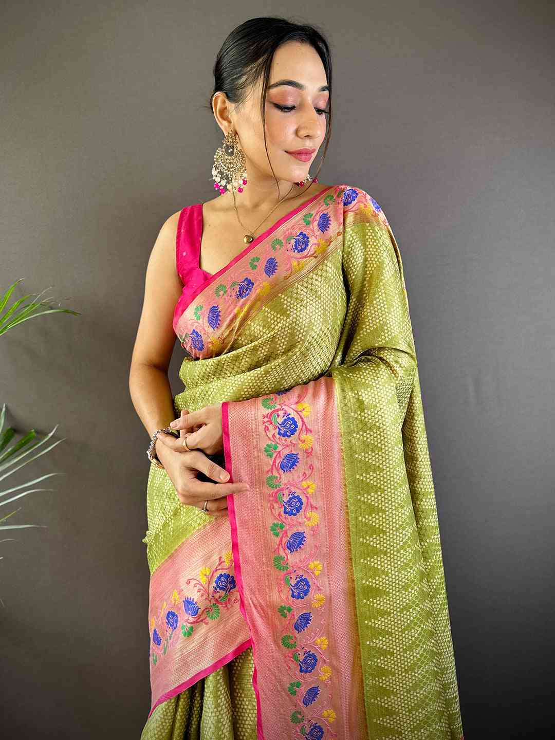 Kora Silk Banarasi Digital Print Saree In Green Colour