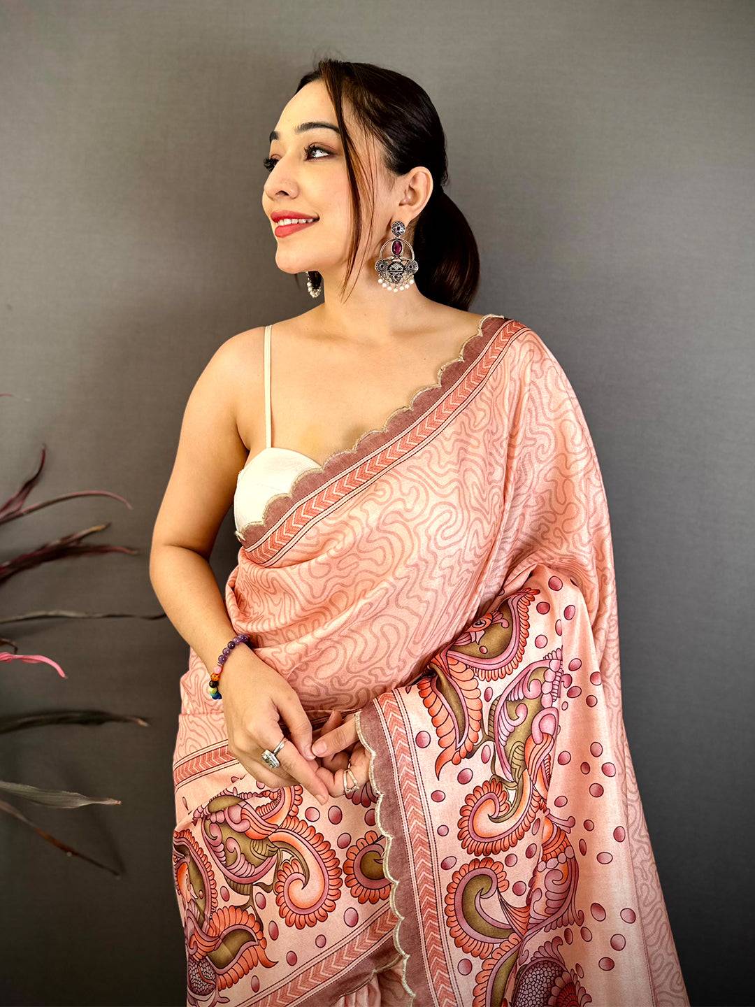 Peach Kalamkari Tussar Cutwork Saree