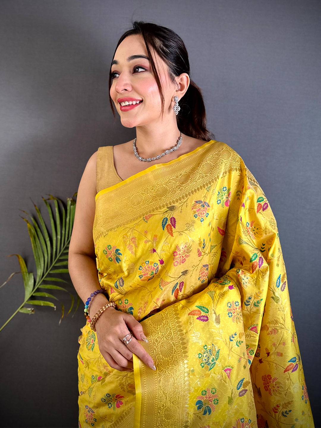 Yellow Banarasi Minakari Floral Silk Saree