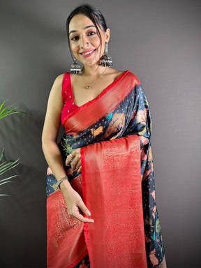 Black Satin Pichwai Print Saree