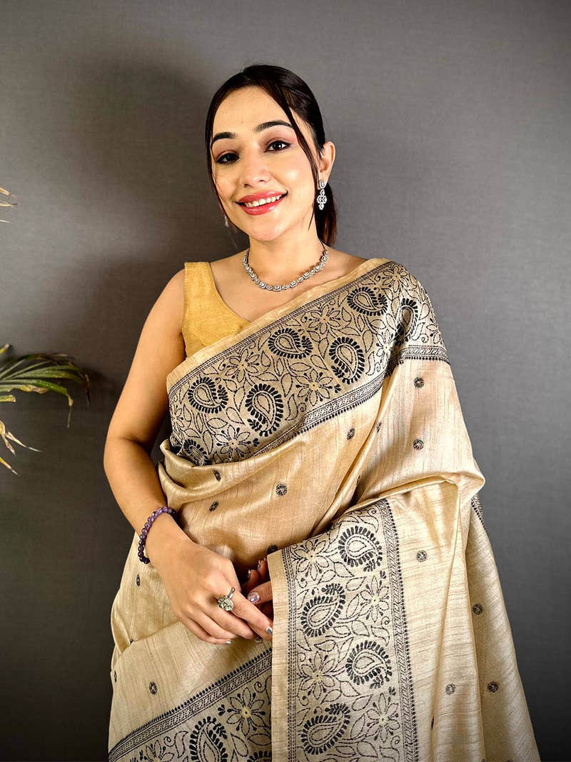 Black Floral Katha Ghicha Silk Saree