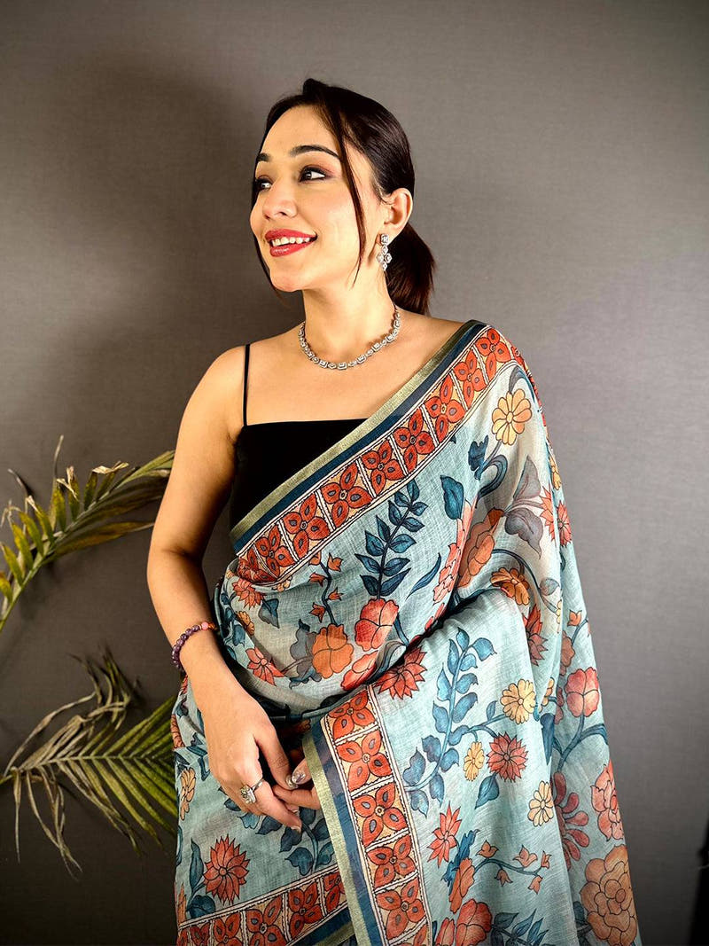 Classic Floral Kalamkari Soft Linen Saree


