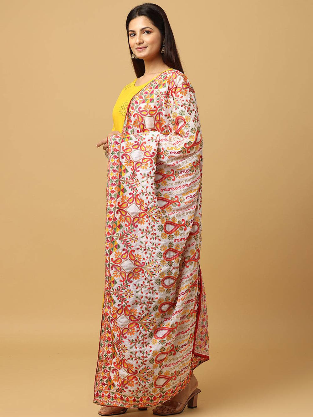 Side view of colorful threadwork pashmina dupatta