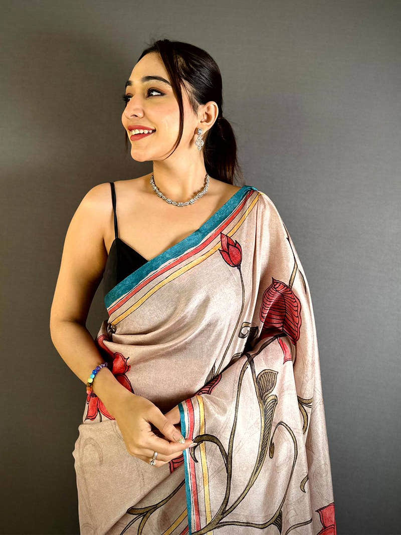 Artistic Flora Kalamkari Tussar Saree