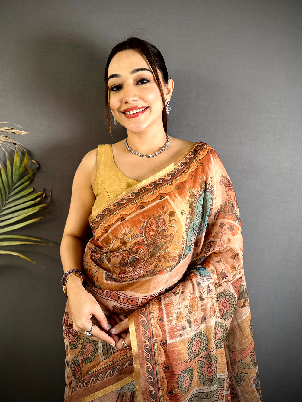 Heritage Minakari Kalamkari Linen Saree