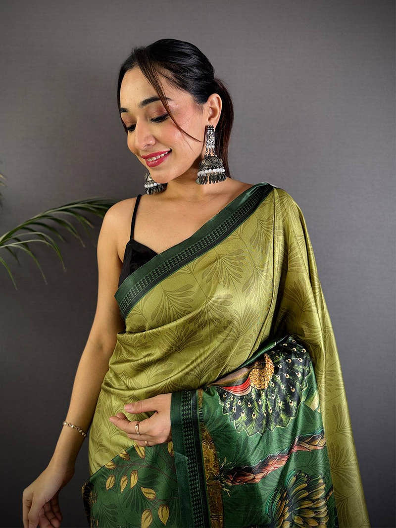 Vibrant Green Soft Dola Silk Printed Saree