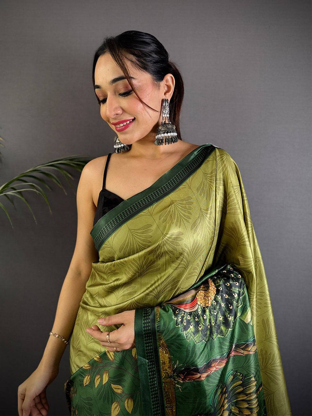 Vibrant Green Soft Dola Silk Printed Saree
