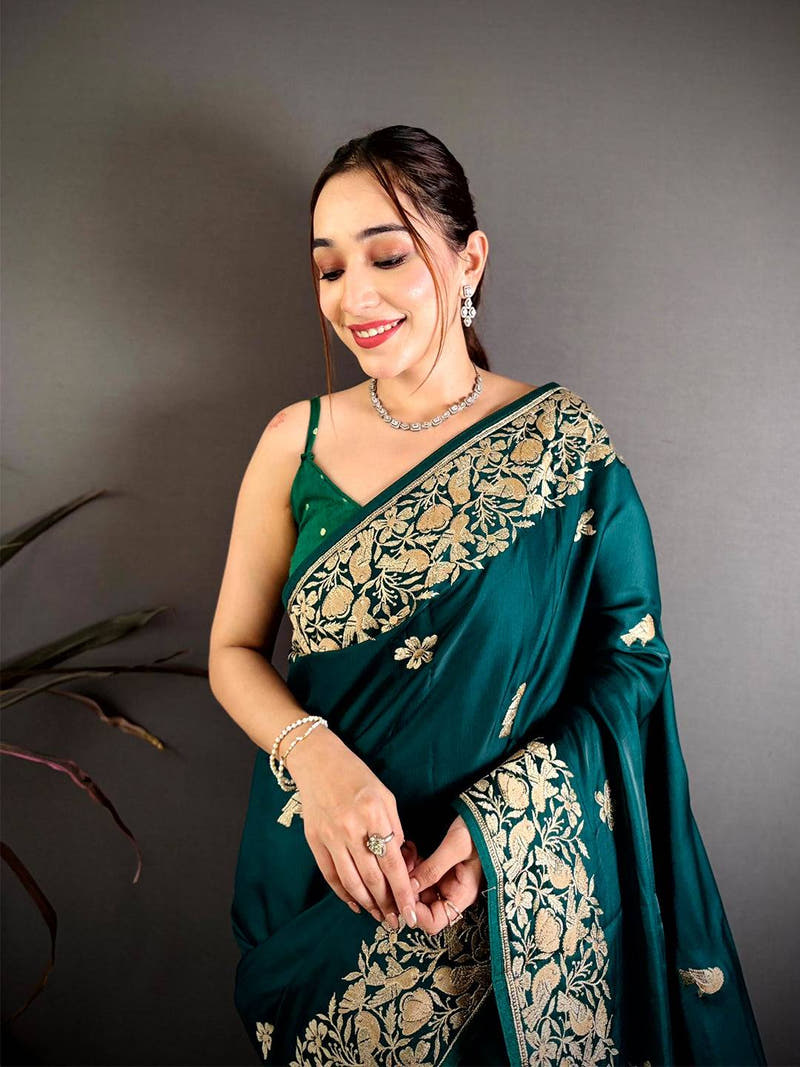 Green Aari Bird Work Soft Satin Saree