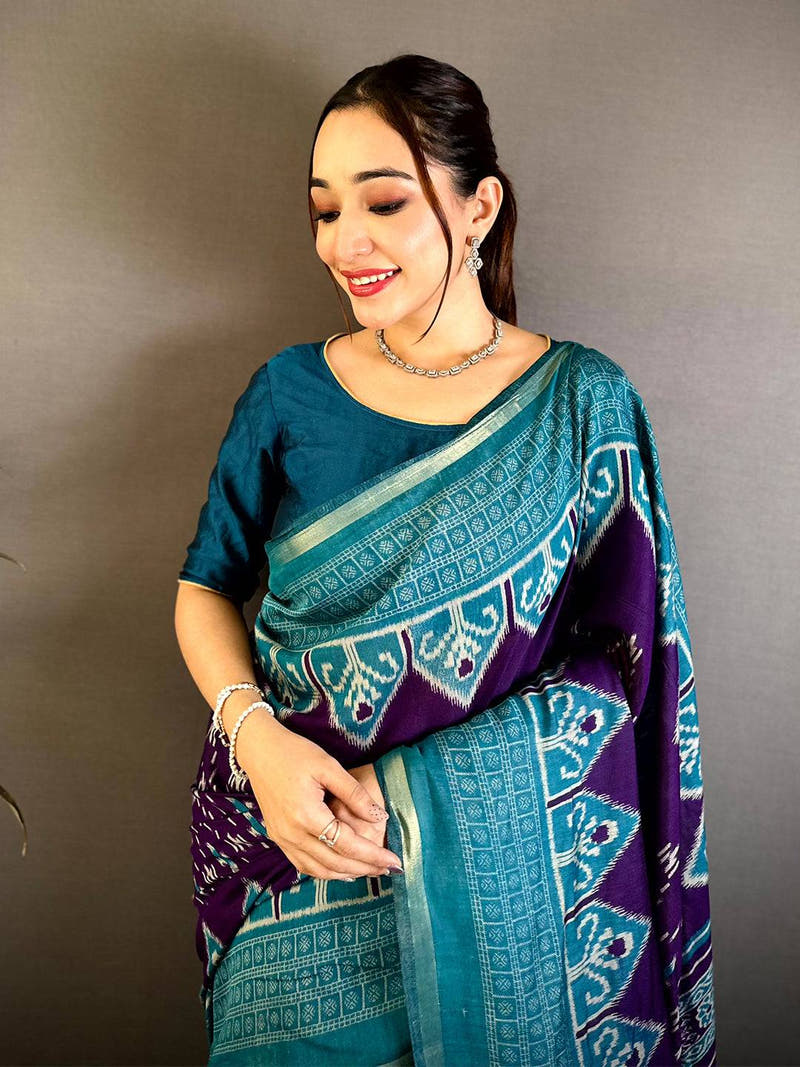 Purple Mul Cotton Ikkat Rudraksha Border Saree