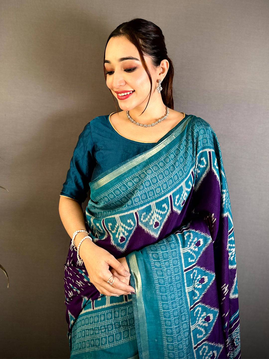Purple Mul Cotton Ikkat Rudraksha Border Saree