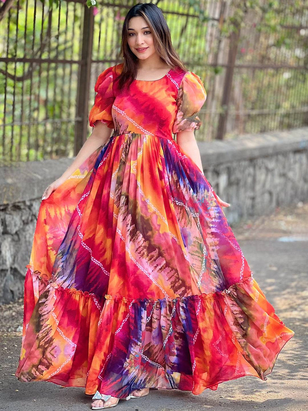 Vibrant multi batik bandhej dress with puff sleeves
