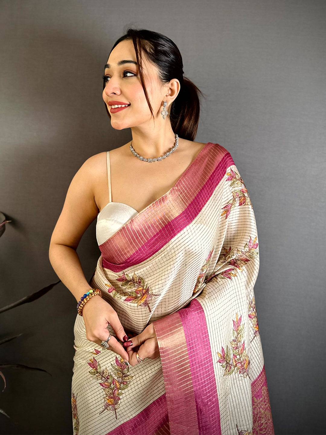 Peach Leaf Minakari Tussar Saree