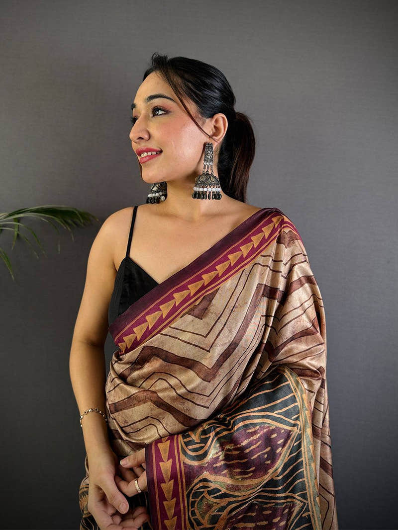 Beige Soft Dola Silk Printed Saree