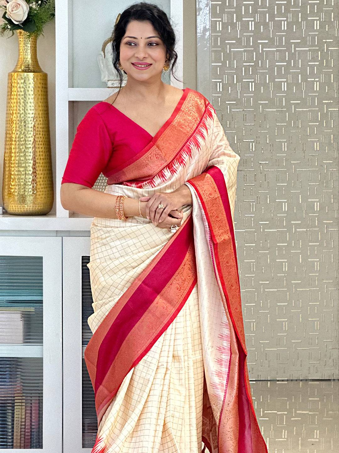 White Banarasi Silk Gadwal Pattu Saree with red blouse Vastranand