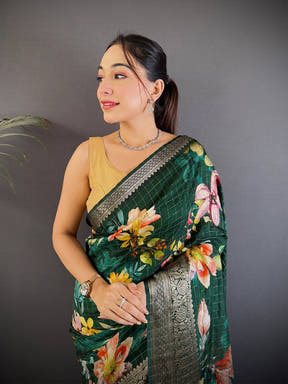 Deep Bottle Green Floral Digital Print Saree