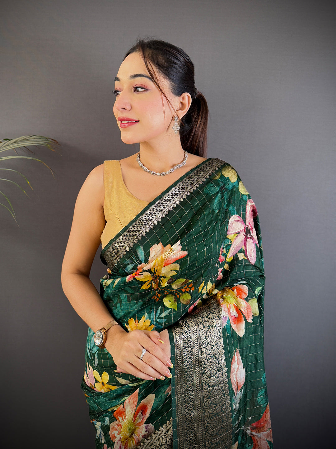 Deep Bottle Green Floral Digital Print Saree