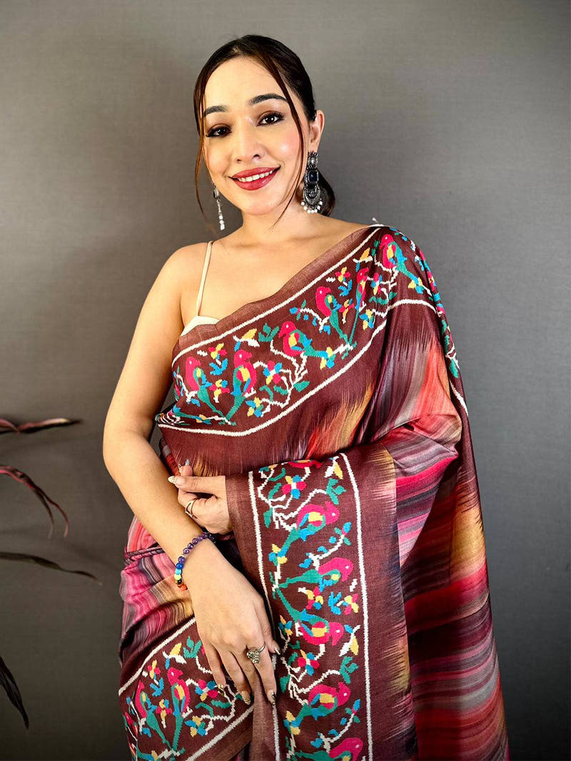 Stylish Parrot Ikkat Print Tussar Saree
