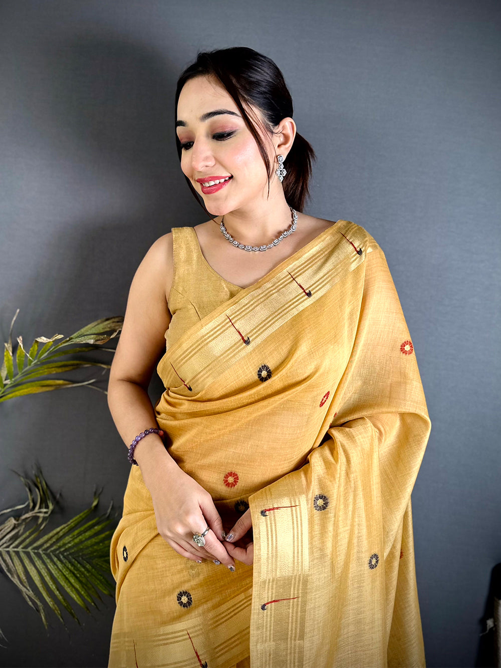 Aura Yellow Minakari Butti Linen Saree